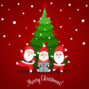 Noel Baba ve dekore edilmiş Noel ağacı. Mutlu Noeller ve mutlu yıllar. Vektör illüstrasyonu