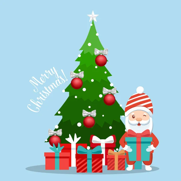 Weihnachtsmann Und Geschmückter Weihnachtsbaum Frohe Weihnachten Und Ein Gutes Neues — Stockvektor