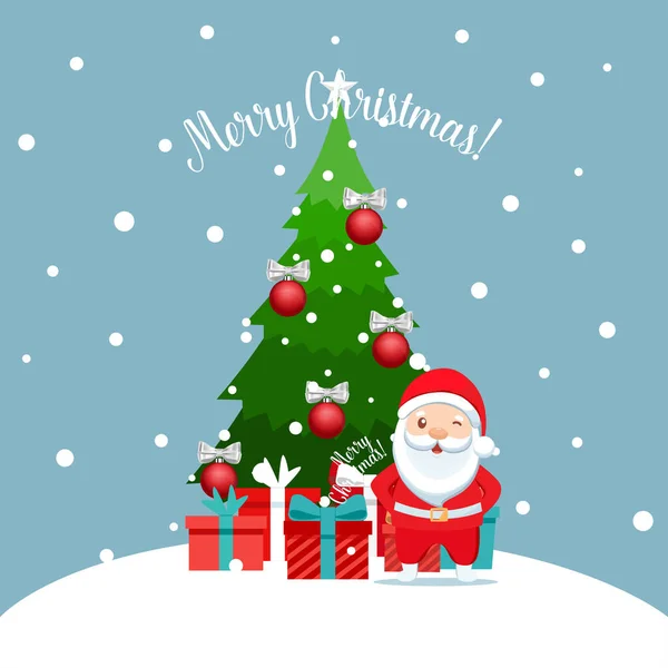 Weihnachtsmann Und Geschmückter Weihnachtsbaum Frohe Weihnachten Und Ein Gutes Neues — Stockvektor