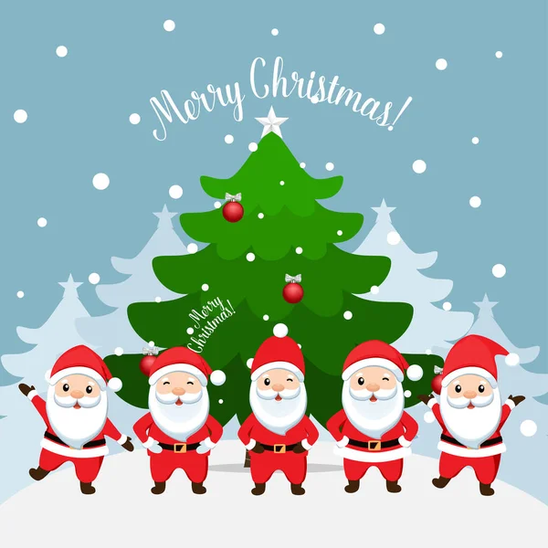 Noel Baba ve dekore edilmiş Noel ağacı. Mutlu Noeller ve mutlu yıllar. Vektör illüstrasyonu