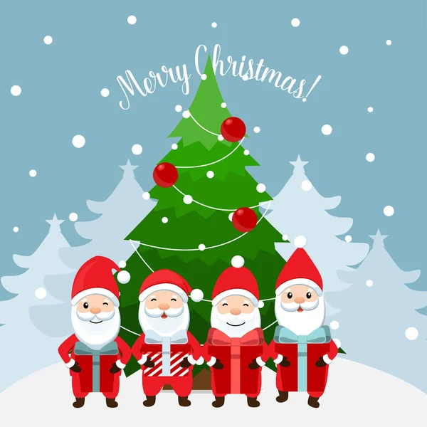 Noel Baba ve dekore edilmiş Noel ağacı. Mutlu Noeller ve mutlu yıllar. Vektör illüstrasyonu