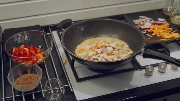 Cocinar comida asiática. Cocinar cocina mediterránea. — Vídeo de stock