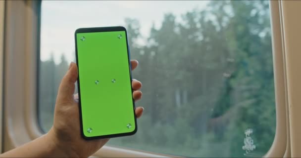Gros plan d'un téléphone avec un écran vert. Paysage forestier devant la fenêtre — Video