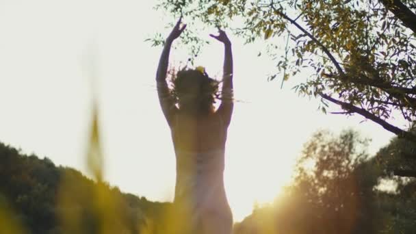 Elegant kvinnlig siluett i solens strålar. Kvinnlighet och natur — Stockvideo