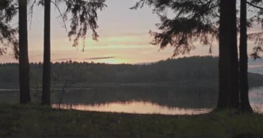 Moskova 'nın banliyölerindeki nehir ya da göl kenarındaki ormanda gün batımının zamanlaması