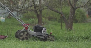 Bahçede yeşil çimenler ve elinde çim biçme makinesi olan bir adam geçiyor.