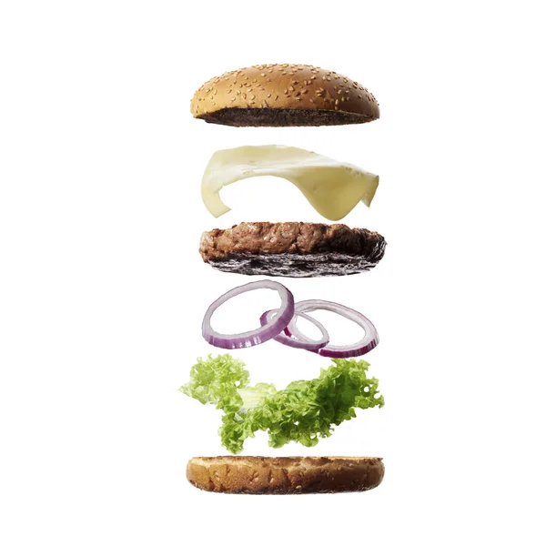 Beyaz arka planda izole edilmiş köfteli, peynirli, soğanlı ve marullu uçan burger.