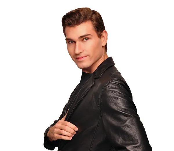 Porträtt av en stilig man. eleganta mannen i svart kostym isolerad på vit bakgrund. närbild ansikte av en ung man. — Stockfoto