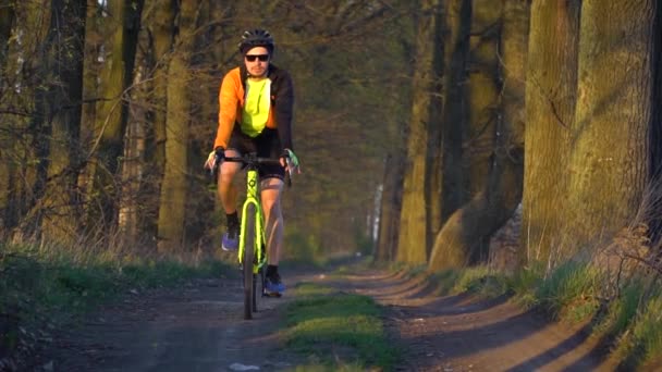 Silhouet van een fietser op een grindfiets op een bospad — Stockvideo