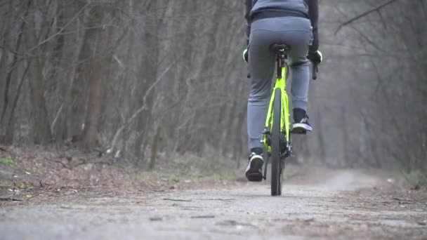 Silhuett av en cyklist på en gruscykel rider en stig i skogen — Stockvideo