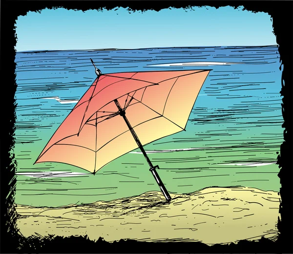 Zand strand en paraplu — Stockvector
