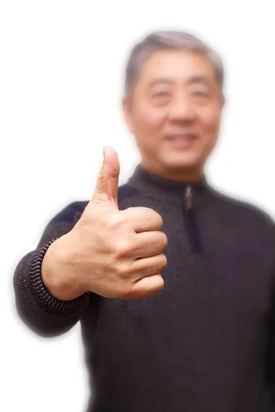 Senior asian man showing finger gesture — Stock Photo, Image