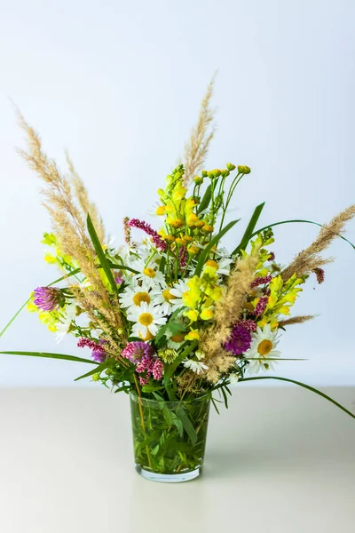 Bouquet Wild Flowers Small Glass Vase White Background Stylish Appearance — Stock Photo, Image
