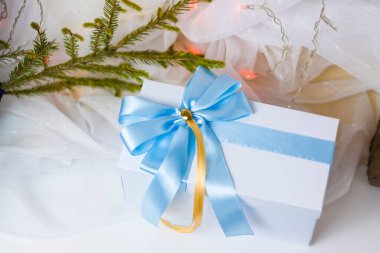 Hafif bir arka planda ince bir dalla süslenmiş güzel bir Noel hediyesi. Seçici odaklanma. Noel ve Yeni Yıl konsepti. Pankart için arkaplan.