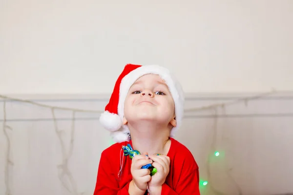 Portrait Cute Boy Santa Claus Hat Funny Smiling Child Gifts — 图库照片