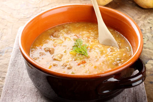 Potato soup with pasta and meatballs — Stock Image Potato soup with pasta and meatballs Stock Photo