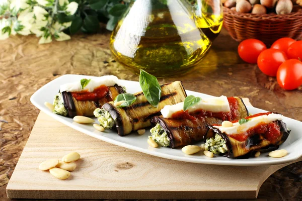 Eggplant rolls stuffed with almond pesto — Stock Photo, Image