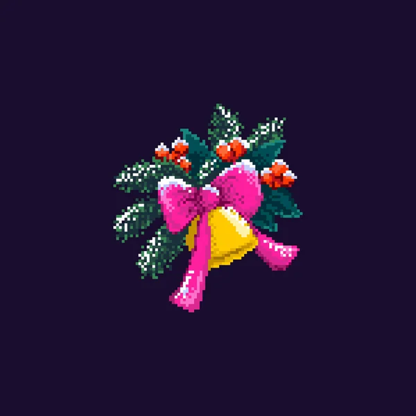 Pixelkunst. Weihnachtskugel mit rosa Schleife, Tannenbäumen und Stechpalmen. Weihnachts- und Neujahrskomposition. — Stockvektor