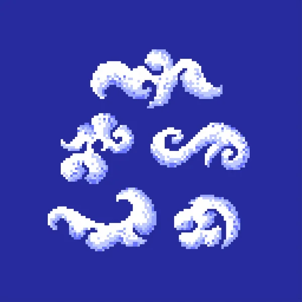 Pixel clouds. Set of different clouds isolated on blue background. Vintage symbol. — стоковый вектор