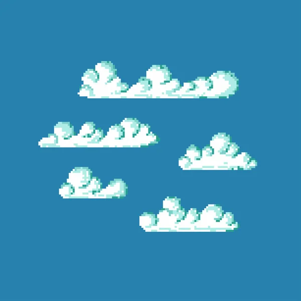 Nubes de píxeles. Conjunto de diferentes nubes aisladas sobre fondo azul. Símbolo Vintage. — Vector de stock