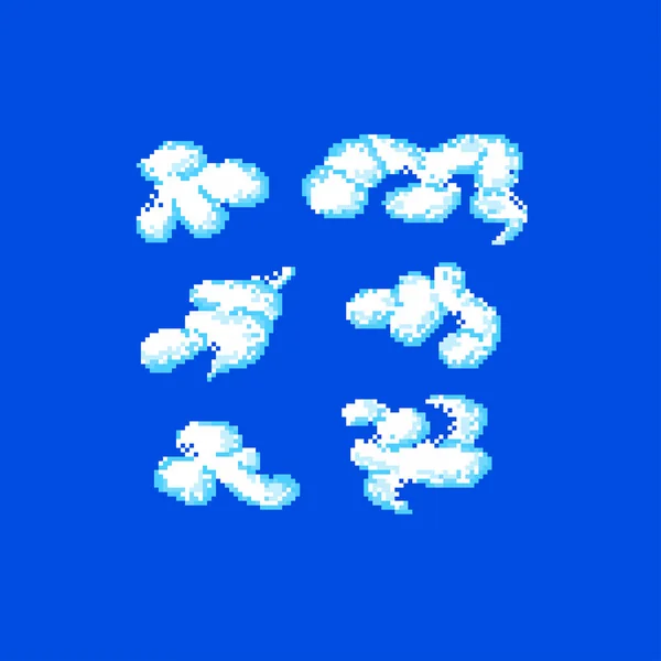 Pixel clouds. Set of different clouds isolated on blue background. Vintage symbol. — Stok Vektör