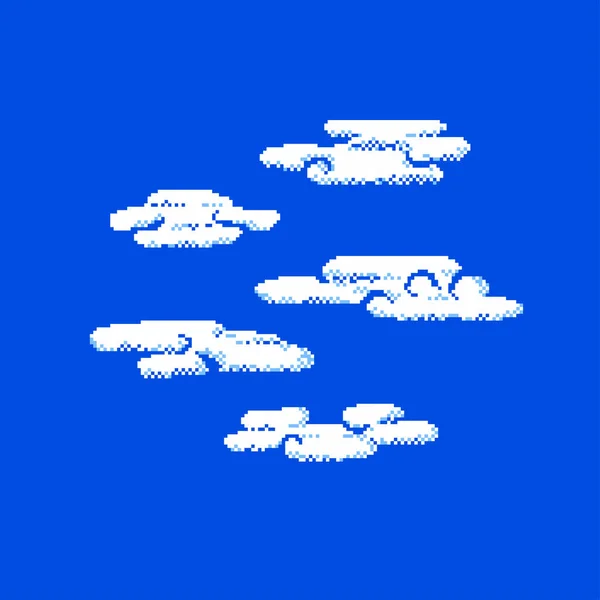 Pixel clouds. Set of different clouds isolated on blue background. Vintage symbol. — Vetor de Stock