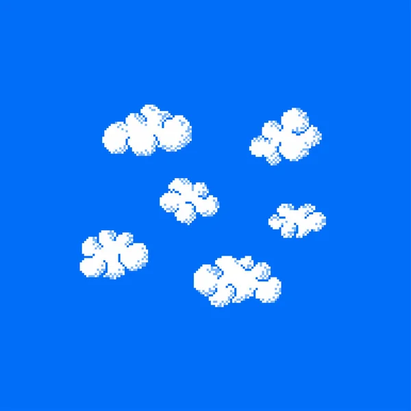 Pixel clouds. Set of different clouds isolated on blue background. Vintage symbol. — Stok Vektör