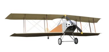 Old vintage retro airplane biplane with piston engine, two-blade propeller and open cockpit. Reconnaissance aircraft of the times of the 1st World War. Isolated on white background 