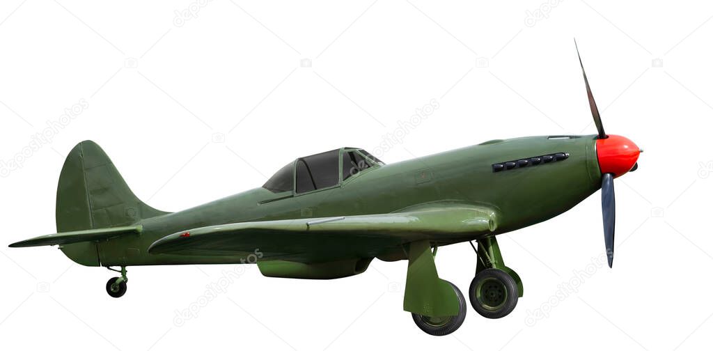 Old military fighter aircraft from world war II green color with a piston engine and a 3-blade propeller. Isolated on white background 