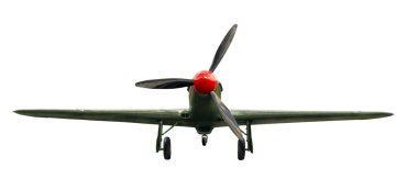 2. Dünya Savaşı 'ndan kalma eski bir savaş uçağı piston motoru ve 3 pervaneli yeşil renkli. Beyaz bir arkaplanda izole edilmiş 