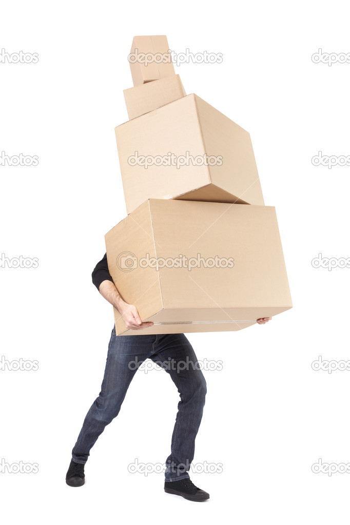 Moving day, man lifting cardboard boxes