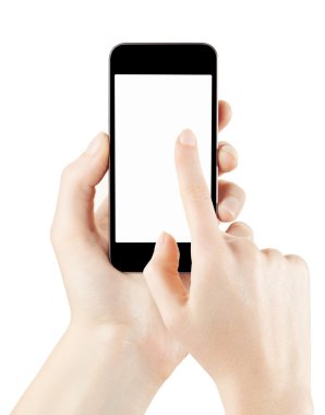 Holding ve smartphone ekran dokunaklı kadın eli
