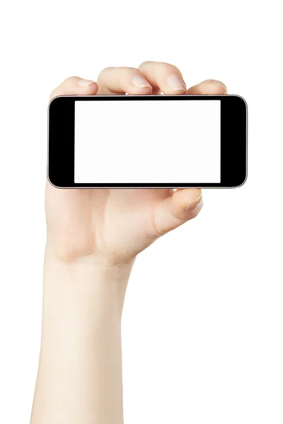 Woman hand showing horizontal smartphone — Stock Photo, Image