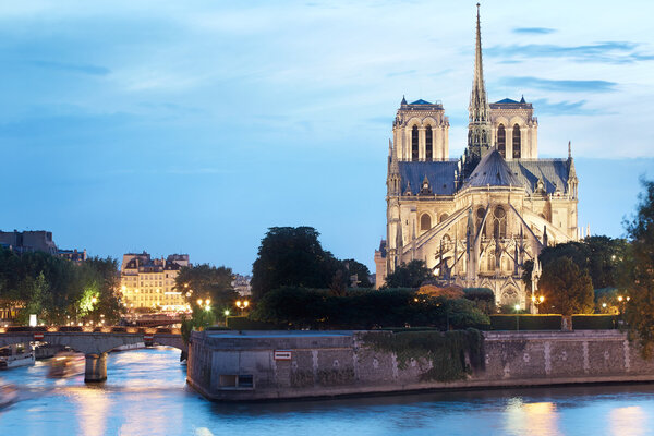 Notre Dame de Paris cathedral in France at dusk