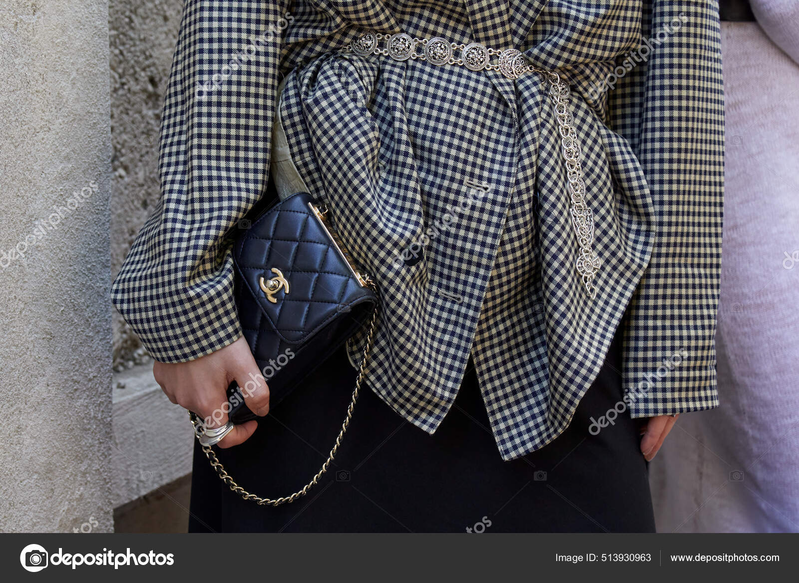 Milan Italy September 2021 Woman Black Leather Chanel Bag