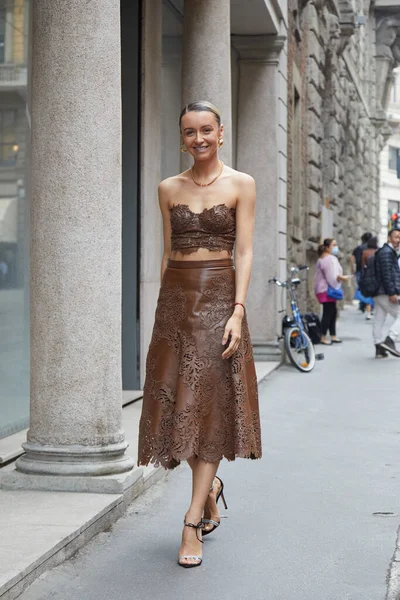 Milan Italy September 2021 Nataly Osmann Brown Embroidered Leather Skirt — Stock Photo, Image