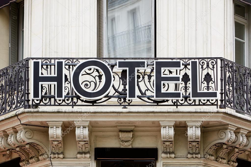 Hotel sign on balcony