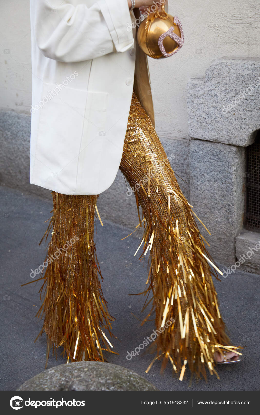 Milan Italy February 2022 Woman Golden Trousers Sequins Fringes
