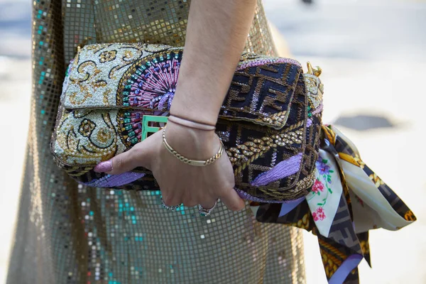 Milan Italy June 2022 Woman Fendi Bag Golden Metallic Dress — Stok Foto
