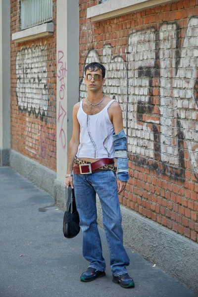 Milan Italy June 2022 Man White Tank Top Safety Pins — Foto de Stock