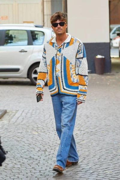 Milan Italy June 2022 Man Orange Blue White Jacket Federico — Foto Stock