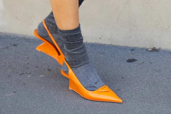 Milan Italy June 2022 Woman Orange Prada High Heel Shoes — Zdjęcie stockowe