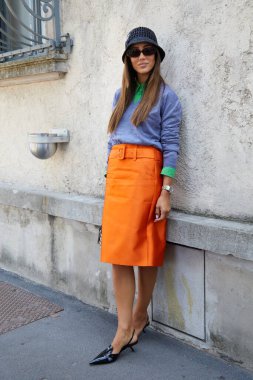 MILAN, ITALY - JUNE 19, 2022: Tamara Kalinic before Prada fashion show, Milan Fashion Week street style