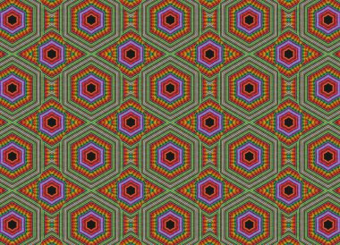 Çoklu geometrik şekillere ve psikedelik renklere sahip ilginç tekrarlanan desen, mandala ve zentangle sanatından esinlenen yaratıcı arkaplan, sürekli kaleydoskopik biçimde çoğaltılan altıgenler.