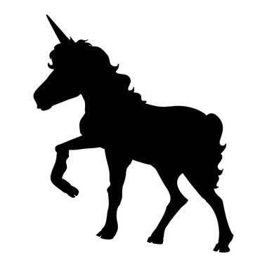 Beyaz arka plandaki tek boynuzlu at. Baş tek boynuzlu atın silueti. Güzel sihirli hayvan. Tişörtlere baskı yapmak ya da dövmeler için kullanılabilir..