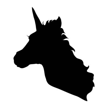 Beyaz arka plandaki tek boynuzlu at. Baş tek boynuzlu atın silueti. Güzel sihirli hayvan. Tişörtlere baskı yapmak ya da dövmeler için kullanılabilir..