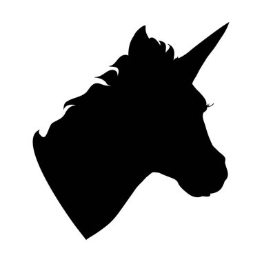 Beyaz arka plandaki tek boynuzlu at. Baş tek boynuzlu atın silueti. Güzel sihirli hayvan. Tişörtlere baskı yapmak ya da dövmeler için kullanılabilir..