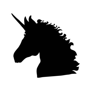 Beyaz arka plandaki tek boynuzlu at. Baş tek boynuzlu atın silueti. Güzel sihirli hayvan. Tişörtlere baskı yapmak ya da dövmeler için kullanılabilir..