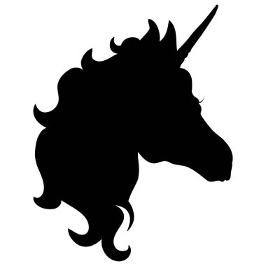 Beyaz arka plandaki tek boynuzlu at. Baş tek boynuzlu atın silueti. Güzel sihirli hayvan. Tişörtlere baskı yapmak ya da dövmeler için kullanılabilir..