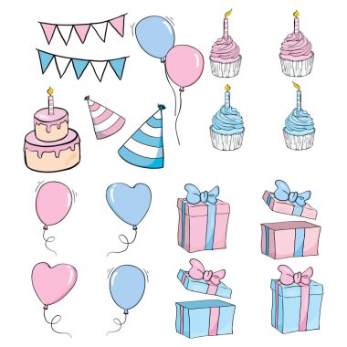 Doğum günü partisi vektör illüstrasyonu seti. Eğlence için çizgi film öğesi mutlu yıldönümü kutlaması, doğum günü, pasta, karnaval şapkası veya beyaz üzerine izole edilmiş bayrak ikonları sürpriz hediye süsleme balonu